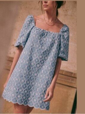 Sezane Dorice Embroidered Babydoll Dress with Back Bow in Blue / Ecru Sz 40